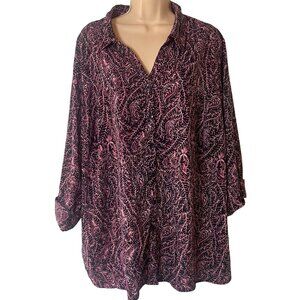 Catherines Button Down Blouse Size 2X (22/24W) 3/4 Roll Tab Sleeve Paisley